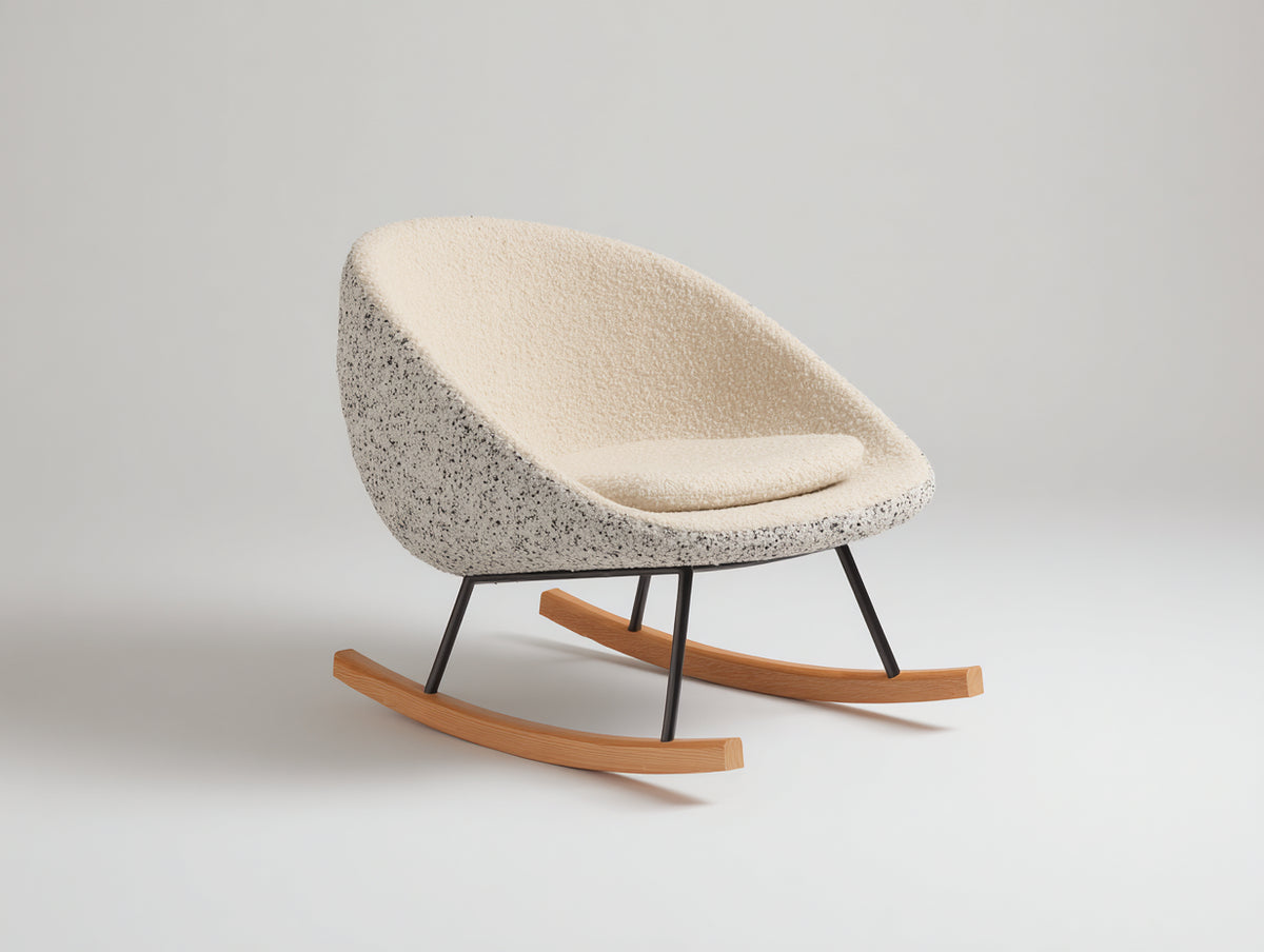 Sedia a dondolo - Tessuto bouclé-Metallo-Legno - 84 x 76 x 80 cm - Beige chiaro-Grigio-Naturale - Stile minimalista