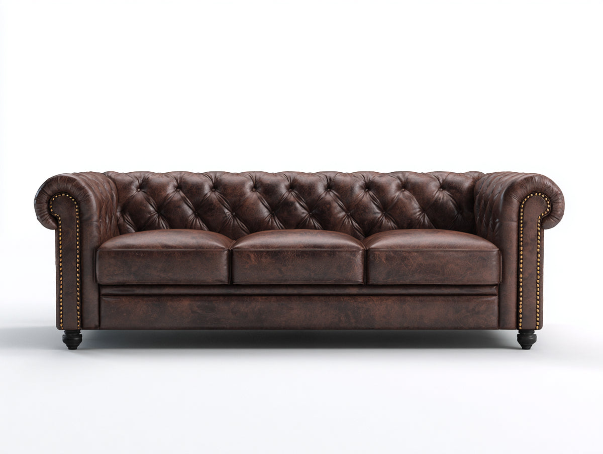 Divani a 3 posti - Pelle-Legno-Metallo - 220 x 92 x 78 cm - Marrone scuro - Chesterfield