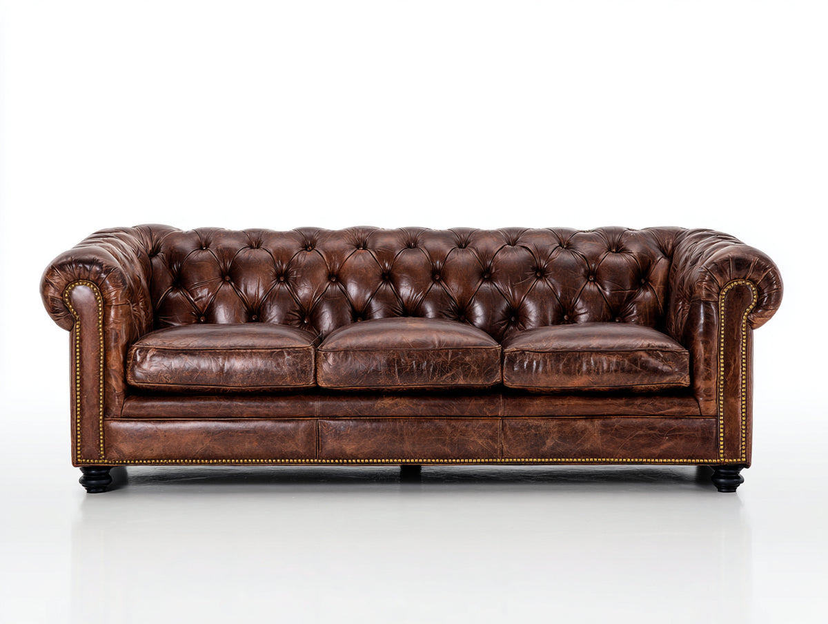 Divani a 3 posti - Pelle-Legno-Metallo - 230 x 96 x 79 cm - Marrone scuro - Chesterfield