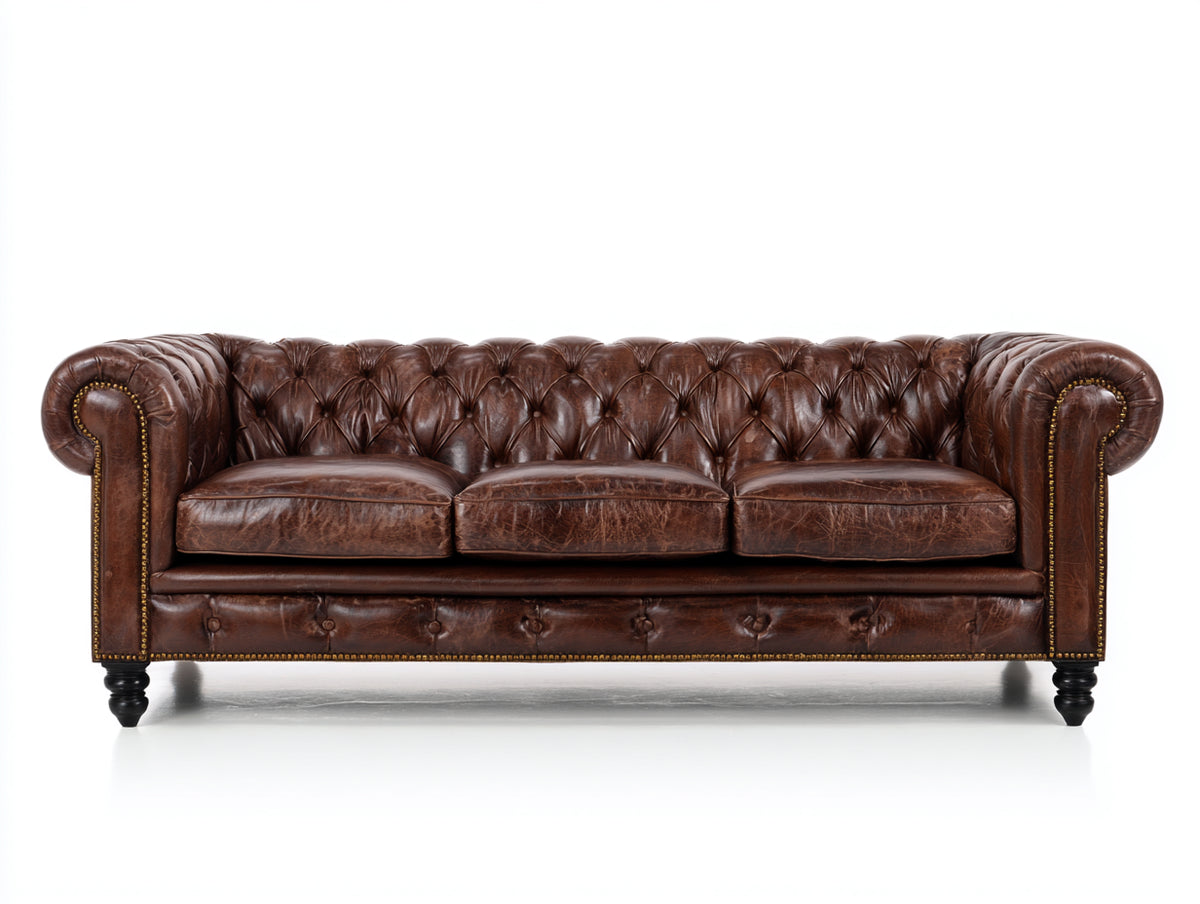 Divani a 3 posti - Pelle-Legno-Metallo - 232 x 97 x 80 cm - Marrone - Chesterfield