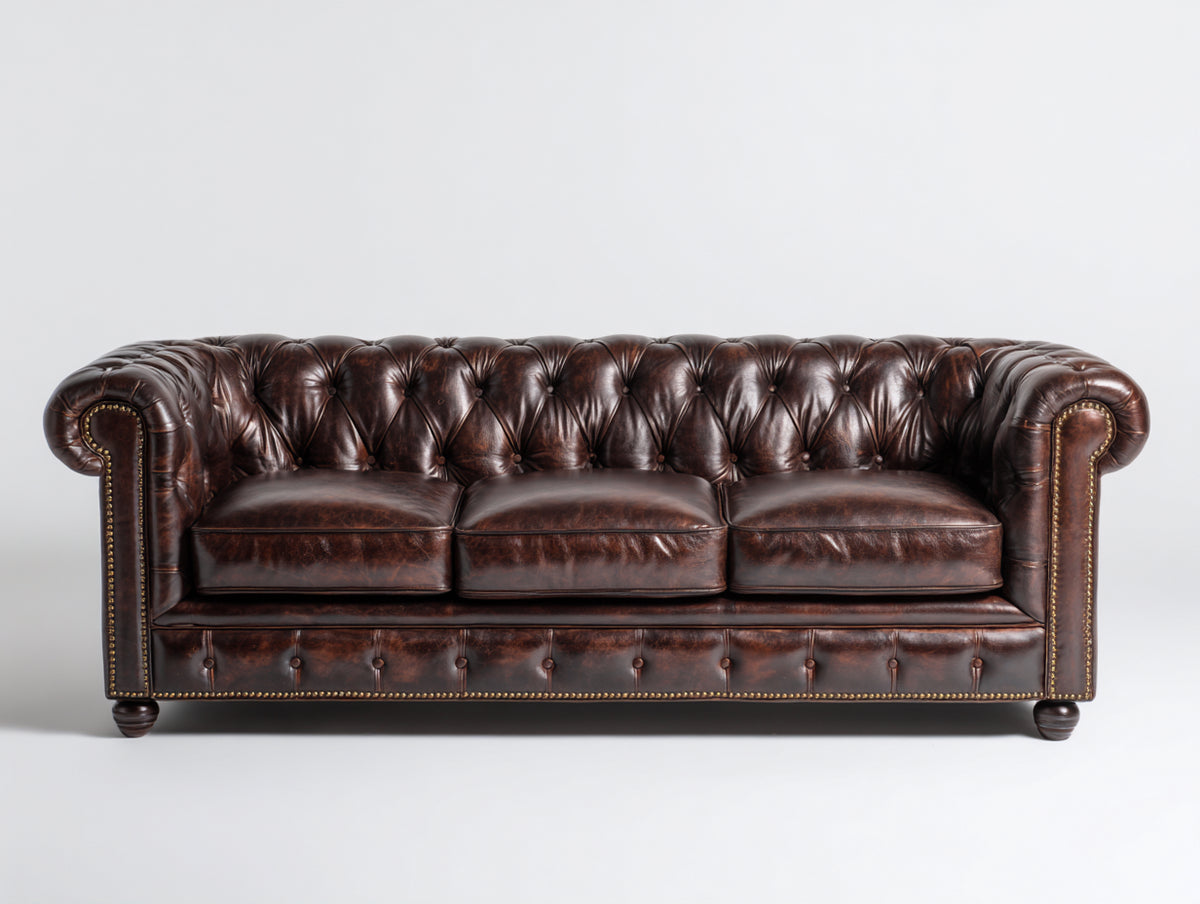 Divani a 3 posti - Pelle-Legno-Metallo - 228 x 96 x 79 cm - Marrone scuro - Chesterfield