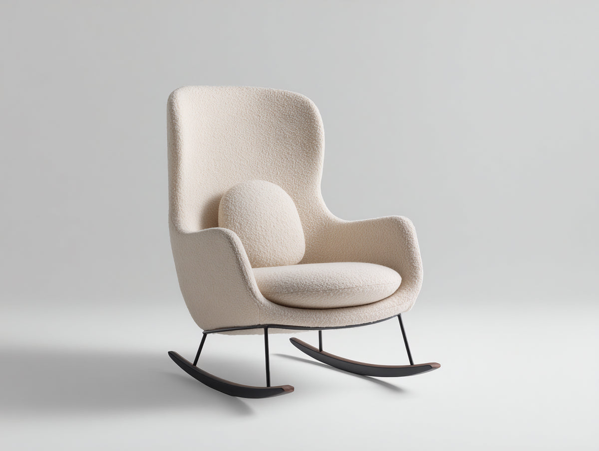 Sedia a dondolo - Tessuto bouclé-Metallo-Legno - 91 x 80 x 104 cm - Crema-Nero-Legno scuro - Stile moderno