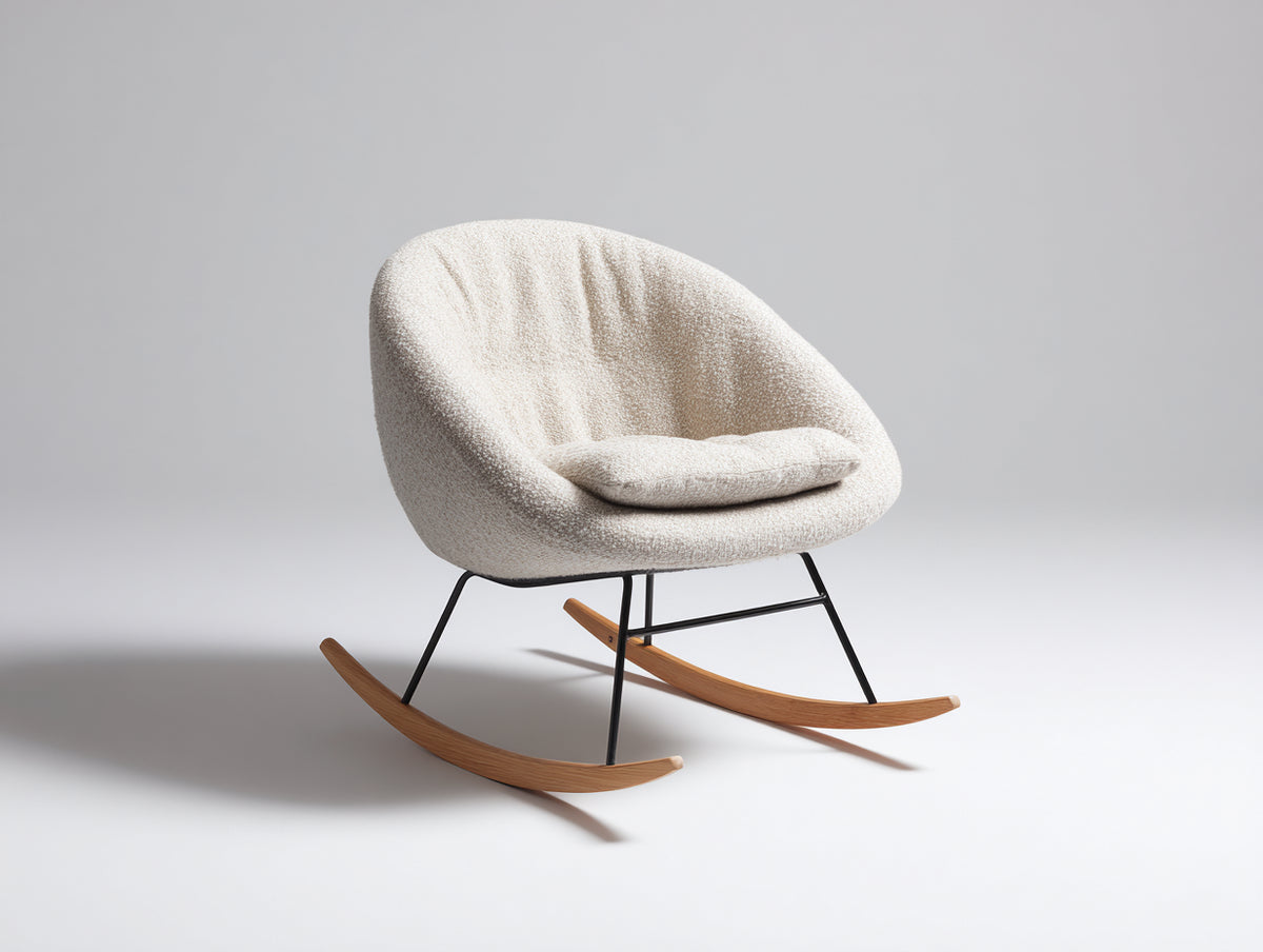 Sedia a dondolo - Tessuto bouclé-Metallo-Legno - 88 x 78 x 84 cm - Beige chiaro-Legno naturale-Nero - Stile minimalista