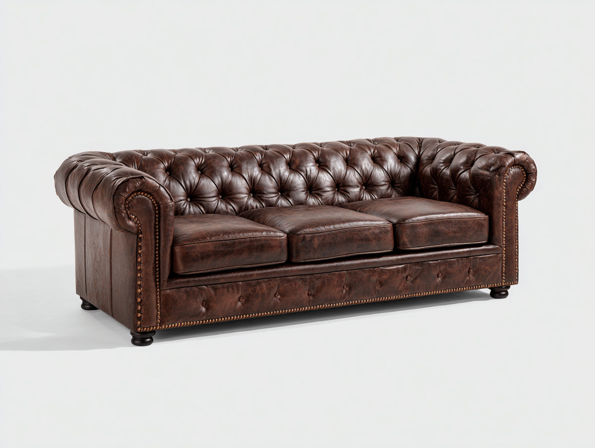 Divani a 3 posti - Pelle-Legno-Metallo - 225 x 95 x 78 cm - Marrone scuro - Chesterfield
